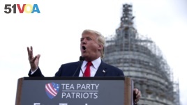 Republican presidential candidate Donald Trump speaks at a rally organized by Tea Party Patriots in on Capitol Hill in Washington, Sept. 9, 2015, to oppose the Iran nuclear agreement.