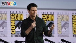 This July 18, 2019 file photo shows Tom Cruise presenting a clip from Top Gun: Maverick on day one of Comic-Con International in San Diego. (Photo by Chris Pizzello/Invision/AP, File)
