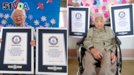 This combination of two undated photos released by Guinness World Records on Tuesday, Sept. 21, 2021, show sisters Umeno Sumiyama, left, and Koume Kodama at separate nursing homes in Shodoshima island, left, and Oita prefecture, Japan. 