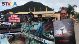 Activists attend a protest during the International Whaling Commission (IWC) conference in Florianopolis, Brazil, Sept. 10, 2018. (REUTERS/Sebastian Rocandio)