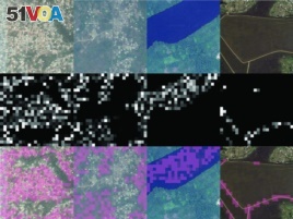 Four different filters identify, from left to right, features corresponding to urban areas, nonurban areas, water, and roads). (Source - Sciencemag.org)