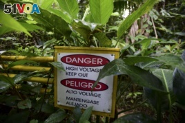 This February 13, 2019 photo shows a danger, high voltage sign near a warming plot in the El Yunque tropical rainforest, in Rio Grande, Puerto Rico.