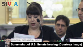 Jen Palmer tells a Senate Committee that a company demanded a $3,500 fine and damaged her credit rating after she complained in an online review that the company failed to deliver two products she ordered. 