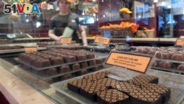 Chocolate displayed at New York City chocolate shop. (AP Photo/Beth J. Harpaz)
