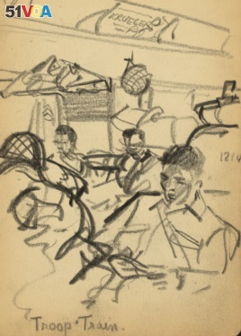 Sketch showing soldiers seated on train bound for New York Harbor.