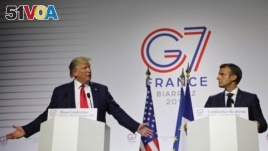 美国总统特朗普与法国总统马克龙在七国峰会上