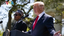 President Donald Trump (r) at a news conference with Nigerian President Muhammadu Buhari at the White House in Washington on April 30, 2018. 
