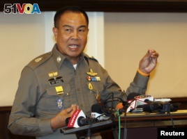 Thai national police chief Somyot Pumpanmuang speaks during a news conference at the Royal Thai Police headquarters in central Bangkok, Aug. 20, 2015.  