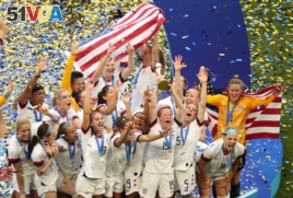 The US Women's soccer teams celebrates their victory over the Netherlands. July 7, 2019
