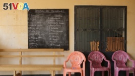 A blackboard with translations of French phrases into the Kanuri language is seen at a Cameroonian military base in Kolofata, Cameroon.