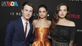 Dylan Minnette, Exec. Producer Selena Gomez and Katherine Langford seen at Netflix '13 Reasons Why' Premiere at Paramount Studios on Thursday, March 30, 2017, in Los Angeles, CA. (Photo by Eric Charbonneau/Invision for Netflix/AP Images)