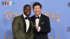 Kevin Hart, left, and Ken Jeong at the Golden Globe Awards January 10, 2016, in Los Angeles, California.