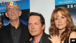 From left, Christopher Lloyd, Michael J. Fox, and Lea Thompson at the Back to the Future 25th Anniversary.