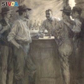 An picture of men at a bar used with one of Bret Harte's stories in Harper's magazine in 1902.