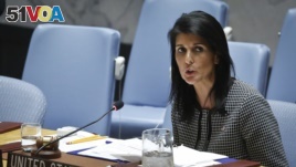 FILE - U.S. UN Ambassador Nikki Haley address the Security Council.
