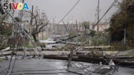 Electricity poles and lines lay toppled on the road after Hurricane Maria hit the eastern region of the island, in Humacao, Puerto Rico, Wednesday, Sept. 20, 2017. (AP Photo/Carlos Giusti)