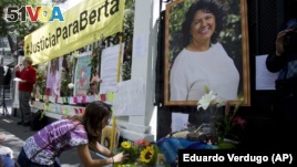 A woman places flowers on an altar set up in honor of Berta Caceres during a demonstration outside Honduras' embassy in Mexico City.