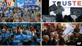Clockwise, from top left, U.S. presidential candidates Hillary Clinton, Ted Cruz, Donald Trump and Bernie Sanders campaign in Iowa ahead of Monday's first-in-the-nation caucuses, Jan. 31, 2016.