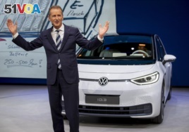 CEO of Volkswagen Herbert Diess introduces the new VW ID.3 at the IAA Auto Show in Frankfurt, Germany, Monday, September 9, 2019.