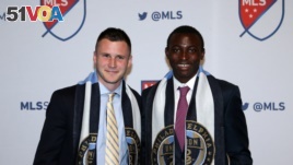 Keegan Rosenberry and Joshua Yaro pose after they were selected in the 2016 Major League Soccer SuperDraft. The two played together at Georgetown University and will play for the Philadelphia Union.