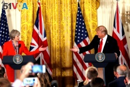 British Prime Minister Theresa May and U.S. President Donald Trump talking to reporters after their January meeting.
