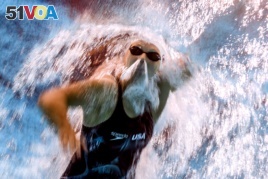 An underwater camera shows Katie Ledecky of the U.S. competing at the 2017 FINA World Championships in Budapest, July 2017.