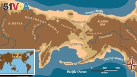 Map of eastern Russian and Alaska with a light brown boarder depicting Beringia, where archaeologists believe ancient Americans crossed from Siberia into Alaska around 13,000 years ago. (U.S. National Park Service)