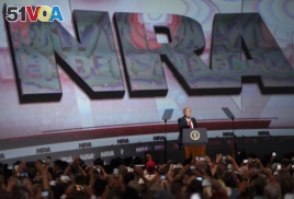 FILE - U.S. President Donald Trump speaks during the National Rifle Association-ILA Leadership Forum, April 28, 2017, in Atlanta.