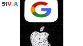 FILE - This combo of photos shows the logo for Google, top and Apple, bottom. South Korea's National Assembly approved legislation on Tuesday, Aug. 31, 2021, that bans app store operators such as Google and Apple from forcing developers to use their in-ap payment systems. (AP)