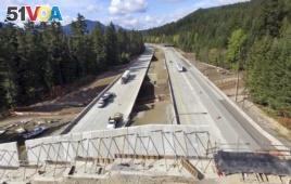 In this photo taken Oct. 4, 2018, Interstate 90 traffic passes under a wildlife bridge under construction on Snoqualmie Pass, Washington.