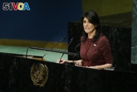 United States Ambassador to the United Nations, Nikki Haley, addresses the General Assembly prior to the vote on Jerusalem, on December 21, 2017