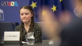 Young Swedish environmental activist Greta Thunberg reacts after giving a speech during a special meeting of the Environment Committee at the European Parliament in Strasbourg, Eastern France, Apr. 16, 2019. 