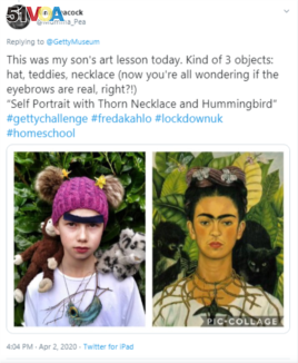 Twitter user Nina Peacock gave her son the home school art assignment of recreating a painting by Frida Kahlo.