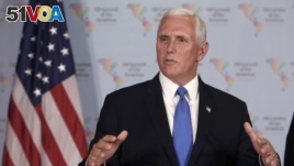 U.S. Vice President Mike Pence speaks during a news conference at the Summit of the Americas in Lima, Peru, April 14, 2018.