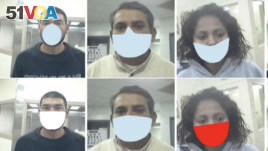 This illustration shows some of the digitally applied face masks used in the NIST study, including the four different colors used (black, red, white and light blue) and some of the different shapes and amounts of face covering. (Photo Credit:<I>&#</i>160;B. Hayes, M. Ngan/NIST)