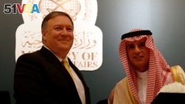 U.S. Secretary of State Mike Pompeo with his Saudi counterpart Adel al-Jubeir in Riyadh, Saudi Arabia, Apr. 29, 2018. 