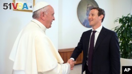 Pope Francis meets Facebook founder and CEO Mark Zuckerberg, at the Santa Marta residence, the guest house in Vatican City where the pope lives, Monday, Aug. 29, 2016. Vatican spokesman Greg Burke says a topic of discussion at Monday's meeting was 