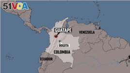 A map of Colombia showing the locations of Guatape and the capital, Bogota.