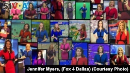 Here is a photo of meteorologists wearing the same dress in different colors. The appeal of the dress was simple. It looks good on television and cost less than $23.