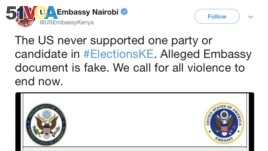 FILE - This Tweet from the U.S. Embassy in Nairobi from Aug. 14, 2017, calls out a alleged embassy document as being fake news. (U.S. Embassy Nairobi/Twitter via AP)