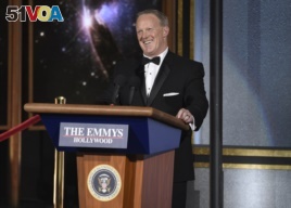 Sean Spicer speaks at the 69th Primetime Emmy Awards, Sept. 17, 2017, at the Microsoft Theater in Los Angeles.