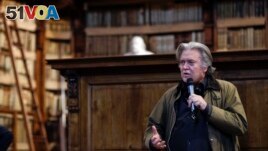 FILE - Former White House strategist Steve Bannon delivers a speech at Rome's Angelica Library, March 21, 2019.