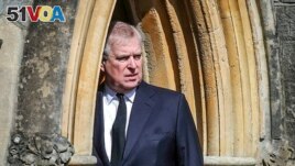 FILE - Britain's Prince Andrew appears at the Royal Chapel at Windsor, following the death announcement of his father, Prince Philip, April 11, 2021, in England.