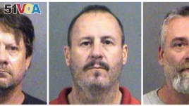 This combination of Oct. 14, 2016, file booking photos provided by the Sedgwick County Sheriff's Office in Wichita, Kan., shows from left, Patrick Stein, Curtis Allen and Gavin Wright, three members of a Kansas militia group who were charged with plotting