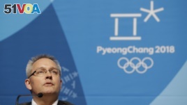 Matthieu Reeb, secretary general of the Court of Arbitration for Sport, speaks during a press conference about Russian athletes who are challenging the decisions taken by the Disciplinary Commission of the International Olympic Committee (IOC DC) Feb. 1, 2018. (AP Photo/Felipe Dana)