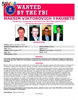 This poster provided by the U.S. Department of Justice shows Maxsim Yukabets. Yakubets, 33, is best known as co-leader of a cybergang that calls itself Evil Corp