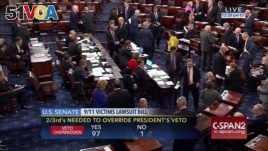This frame grab from video provided by C-SPAN2, shows the floor of the Senate on Capitol Hill in Washington, Sept. 28, 2016, as the Senate acted decisively to override President Barack Obama's veto of Sept. 11 legislation.