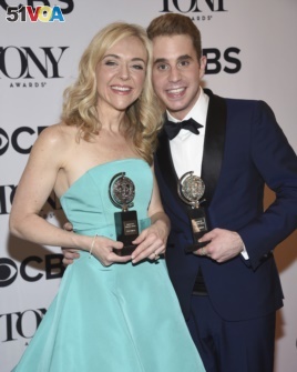 Rachel Bay Jones, left, and Ben Platt, display their Tony Awards.