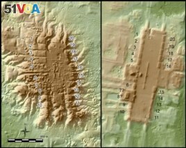 A June 2021 lidar-based imaging taken from above shows the ancient Olmec site of San Lorenzo (left) in Veracruz state and the ancient site of Aguada Fenix in Tabasco state in the western Maya area in this handout image. The numbers mark newly identified structures (Takeshi Inomata/Handout via REUTERS)