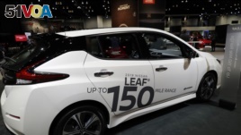 Nissan LEAF is displayed during the media preview of the Chicago Auto Show at McCormick Place, Thursday, Feb. 7, 2019, in Chicago. (AP photo/Nam Y. Huh)
